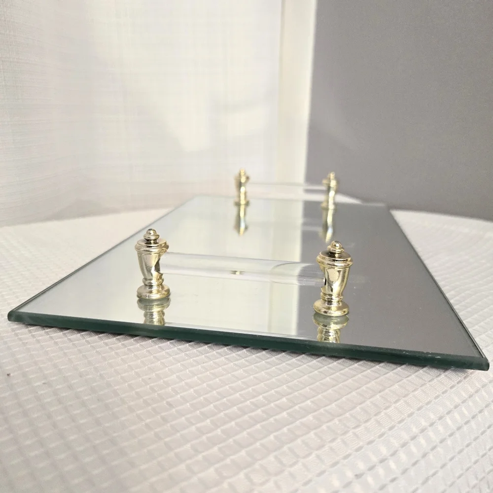 Vtg Mirrored Vanity Dresser Tray Lucite/Glass Handled Gold Accent Retro Bathroom